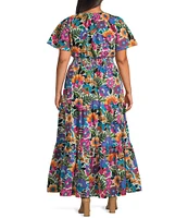 Sugarlips Plus Size Tropical Floral Palmer Short Sleeve Tiered Long Poplin Dress
