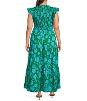 Sugarlips Plus Size Tropical Floral Print V-Neck Ruffle Cap Sleeve Smocked Bodice Tiered Long Dress