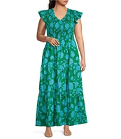 Sugarlips Plus Size Tropical Floral Print V-Neck Ruffle Cap Sleeve Smocked Bodice Tiered Long Dress