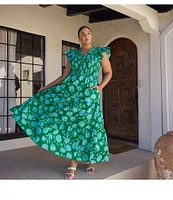 Sugarlips Plus Size Tropical Floral Print V-Neck Ruffle Cap Sleeve Smocked Bodice Tiered Long Dress