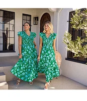 Sugarlips Plus Size Tropical Floral Print V-Neck Ruffle Cap Sleeve Smocked Bodice Tiered Long Dress
