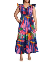 Sugarlips Plus Size Tropical/Abstract Sunfire Flutter Sleeve Long Dress