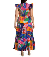 Sugarlips Plus Size Tropical/Abstract Sunfire Flutter Sleeve Long Dress