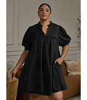 Sugarlips Plus Size V-Neck Short Puffed Sleeve Mini Dress