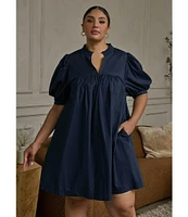 Sugarlips Plus Size V-Neck Short Puffed Sleeve Mini Dress