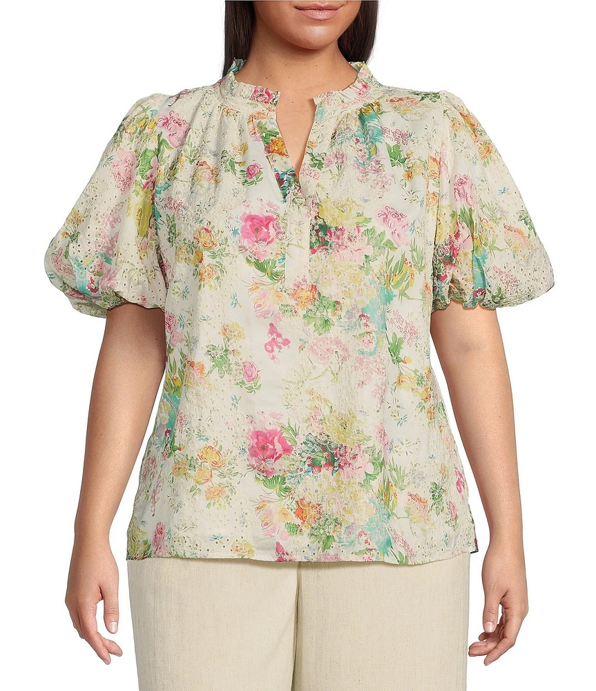Sugarlips Plus Sommerset Floral Eyelet Puffed Sleeve Blouse