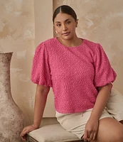 Sugarlips Plus Stretchy Textured Puffed Sleeve Cropped Top