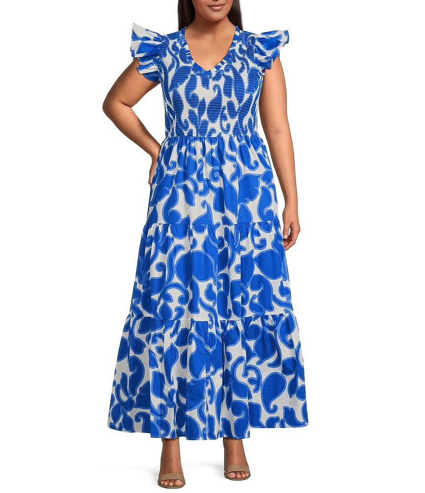 Sugarlips Plus Sunfire Abstract/Paisley-Printed Smocked Bodice Tiered Poplin A-Line Dress