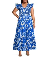 Sugarlips Plus Sunfire Abstract/Paisley-Printed Smocked Bodice Tiered Poplin A-Line Dress