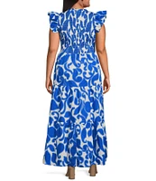 Sugarlips Plus Sunfire Abstract/Paisley-Printed Smocked Bodice Tiered Poplin A-Line Dress