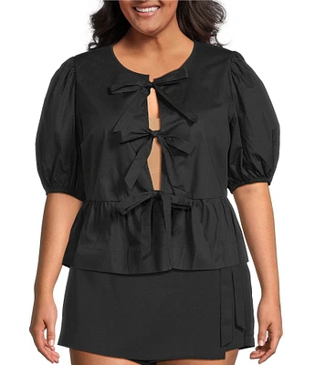 Sugarlips Plus Tie-Front Puffed Sleeve Woven Top