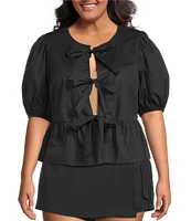 Sugarlips Plus Tie-Front Puffed Sleeve Woven Top