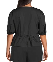 Sugarlips Plus Tie-Front Puffed Sleeve Woven Top