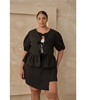 Sugarlips Plus Tie-Front Puffed Sleeve Woven Top