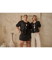 Sugarlips Plus Tie-Front Puffed Sleeve Woven Top