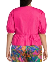 Sugarlips Plus Tie-Front Puffed Sleeve Woven Top