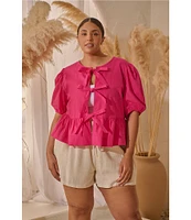 Sugarlips Plus Tie-Front Puffed Sleeve Woven Top