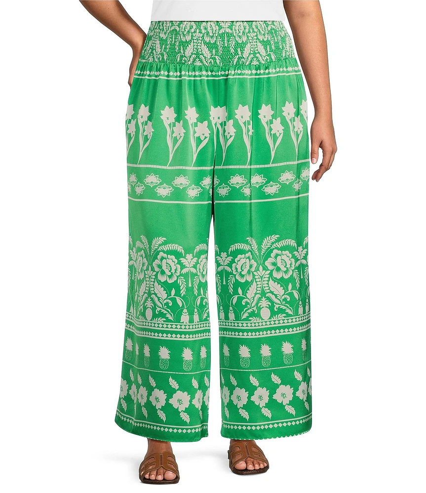 Sugarlips Plus Tropical Printed Smocked Waist Wide Leg Satin Pants