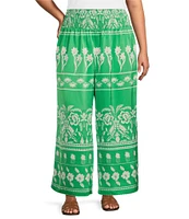 Sugarlips Plus Tropical Printed Smocked Waist Wide Leg Satin Pants