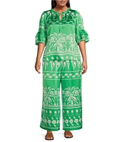 Sugarlips Plus Tropical Printed Smocked Waist Wide Leg Satin Pants