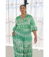 Sugarlips Plus Tropical Printed Smocked Waist Wide Leg Satin Pants
