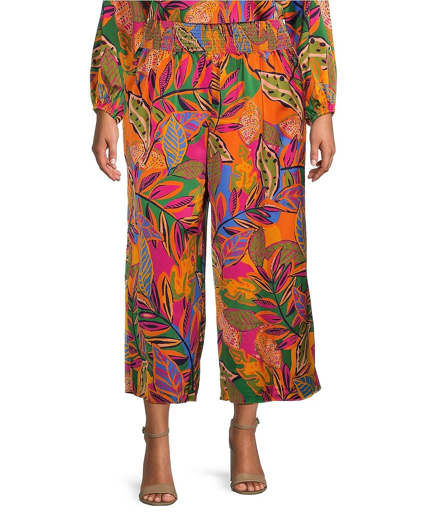 Sugarlips Plus Tropical Smocked Waist Wide Leg Satin Pants