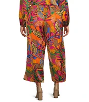 Sugarlips Plus Tropical Smocked Waist Wide Leg Satin Pants