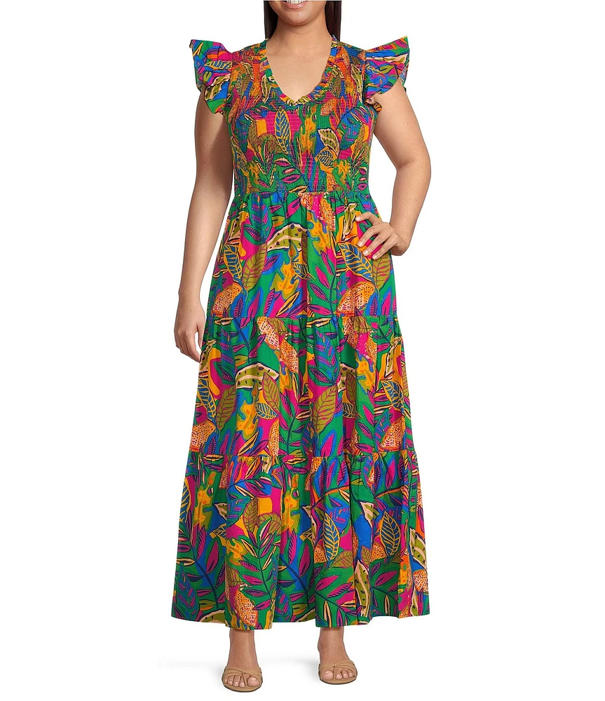 Sugarlips Plus Tropical Sunfire Flutter Sleeve Smocked Bodice Tiered Maxi Dress