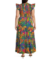 Sugarlips Plus Tropical Sunfire Flutter Sleeve Smocked Bodice Tiered Maxi Dress
