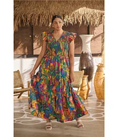 Sugarlips Plus Tropical Sunfire Flutter Sleeve Smocked Bodice Tiered Maxi Dress