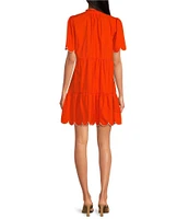 Sugarlips Poplin Ruffled Split V-Neck Short Sleeve Scallop Hem Mini Dress