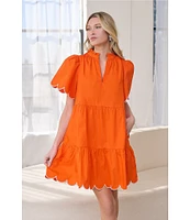 Sugarlips Poplin Ruffled Split V-Neck Short Sleeve Scallop Hem Mini Dress