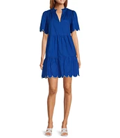 Sugarlips Poplin Ruffled Split V-Neck Short Sleeve Scallop Hem Mini Dress