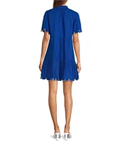 Sugarlips Poplin Ruffled Split V-Neck Short Sleeve Scallop Hem Mini Dress