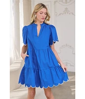Sugarlips Poplin Ruffled Split V-Neck Short Sleeve Scallop Hem Mini Dress