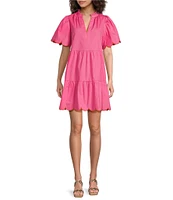 Sugarlips Poplin Ruffled Split V-Neck Short Sleeve Scallop Hem Mini Dress