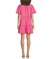 Sugarlips Poplin Ruffled Split V-Neck Short Sleeve Scallop Hem Mini Dress