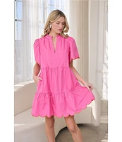 Sugarlips Poplin Ruffled Split V-Neck Short Sleeve Scallop Hem Mini Dress