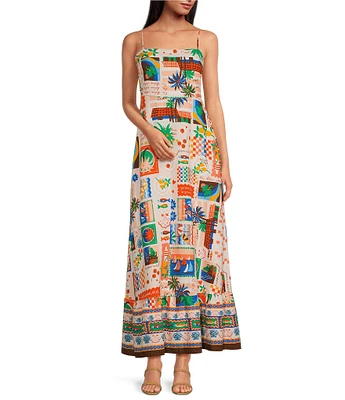 Sugarlips Postcard Print Square Neck Sleeveless Maxi Dress