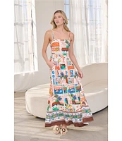 Sugarlips Postcard Print Square Neck Sleeveless Maxi Dress