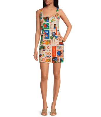 Sugarlips Postcard Print Square Neck Sleeveless Mini Sheath Dress