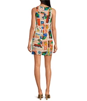 Sugarlips Postcard Print Square Neck Sleeveless Mini Sheath Dress