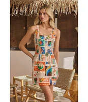 Sugarlips Postcard Print Square Neck Sleeveless Mini Sheath Dress