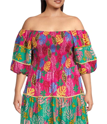 Sugarlips Plus Size Printed Off-The-Shoulder Smocked Coordinating Crop Top