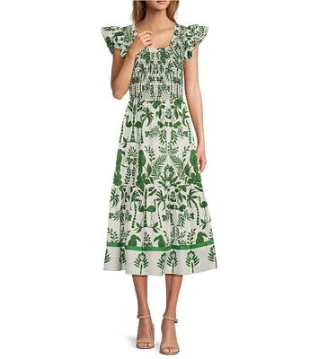 Sugarlips Printed Scoop Neck Double Ruffle Short Sleeve Smocked Midi Dress