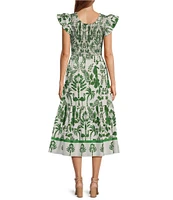 Sugarlips Printed Scoop Neck Double Ruffle Short Sleeve Smocked Midi Dress