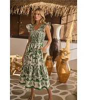 Sugarlips Printed Scoop Neck Double Ruffle Short Sleeve Smocked Midi Dress