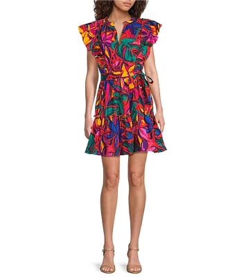 Sugarlips Rainbow Tropics Floral Printed Poplin Split V-Neck Short Ruffle Cap Sleeve Mini Dress