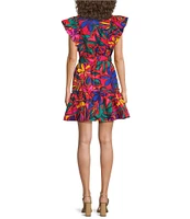 Sugarlips Rainbow Tropics Floral Printed Poplin Split V-Neck Short Ruffle Cap Sleeve Mini Dress