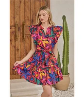 Sugarlips Rainbow Tropics Floral Printed Poplin Split V-Neck Short Ruffle Cap Sleeve Mini Dress